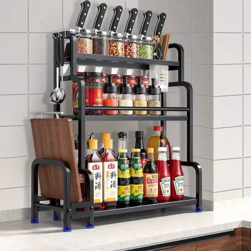 2/3Layer Kitchen Storage Shelf Stainless Steel Seasoning Jar Spice Storage Rack Chopsticks Knife Shelf Bar Organizer Accessories - Macuisinebeny.com