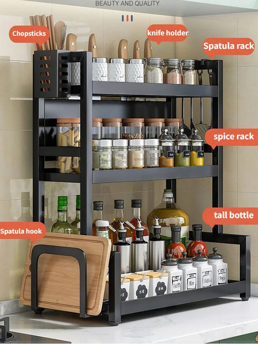 2/3Layers Kitchen Storage Rack Spice Racks Seasoning Shelf Condiments Knife Cutting Board Holder Drain Stand Storage Accessories - Macuisinebeny.com