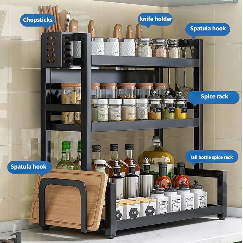 2/3Layers Kitchen Storage Rack Spice Racks Seasoning Shelf Condiments Knife Cutting Board Holder Drain Stand Storage Accessories - Macuisinebeny.com